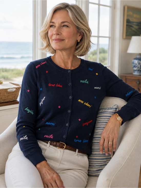 Talbots Sweaters - Talbots Navy French Embroidered Cardigan Sweater Medium NWT Preppy Parisian